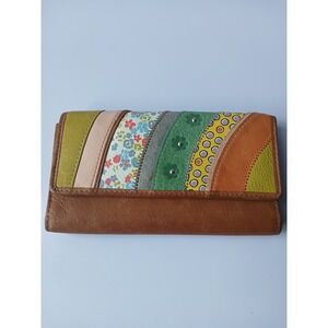 Fossil Brown Leather Patchwork Tri-Fold Wallet Floral Boho Checkbook Clutch